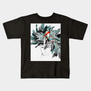 Woman with tropical plants, Parrot, Abstract, Girl, Fashion art, Modern art, Wall art, Print, Modern Kids T-Shirt